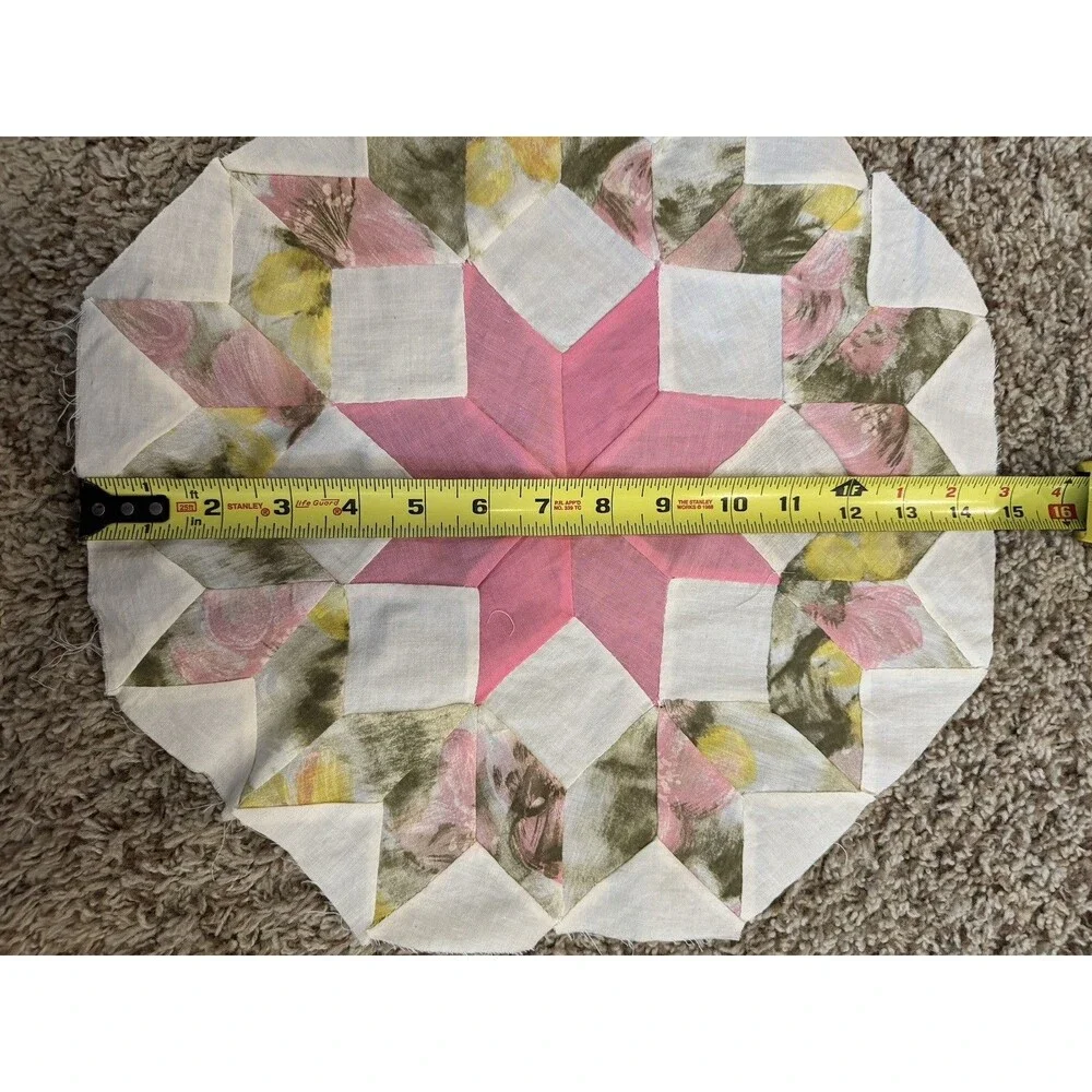 Vintage Hand Pieced Quilt Block Orphan Square 8-Point Star pink/watercolor 14